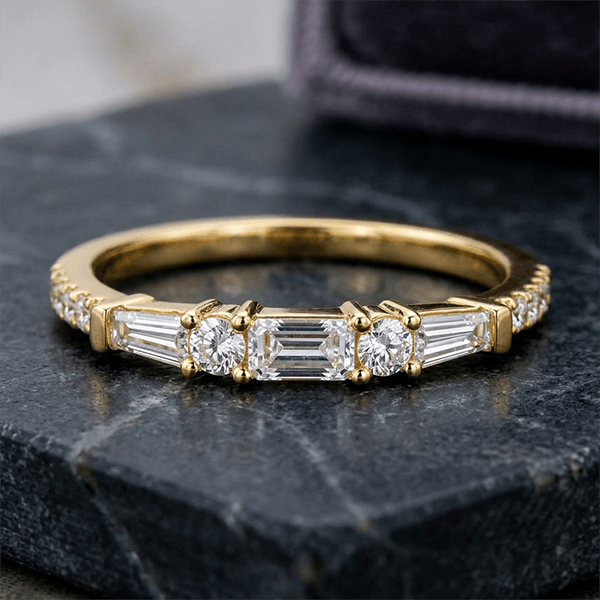 Classic Baguette & Round Cut White Sapphire Wedding Band Ring In Yellow Gold