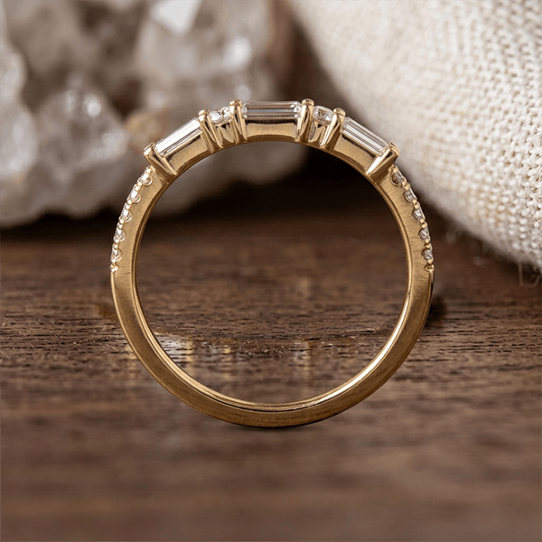 Classic Baguette & Round Cut White Sapphire Wedding Band Ring In Yellow Gold