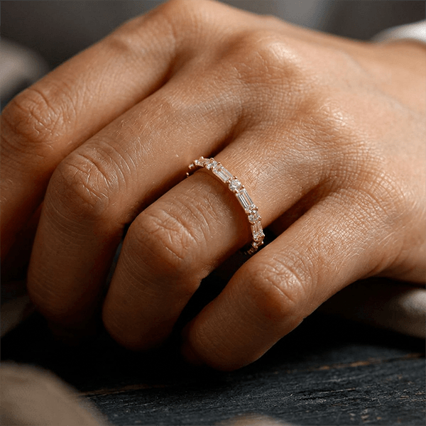 Classic Baguette & Round Cut White Sapphire Wedding Band Ring In Yellow Gold
