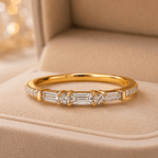 Classic Baguette & Round Cut White Sapphire Wedding Band Ring In Yellow Gold