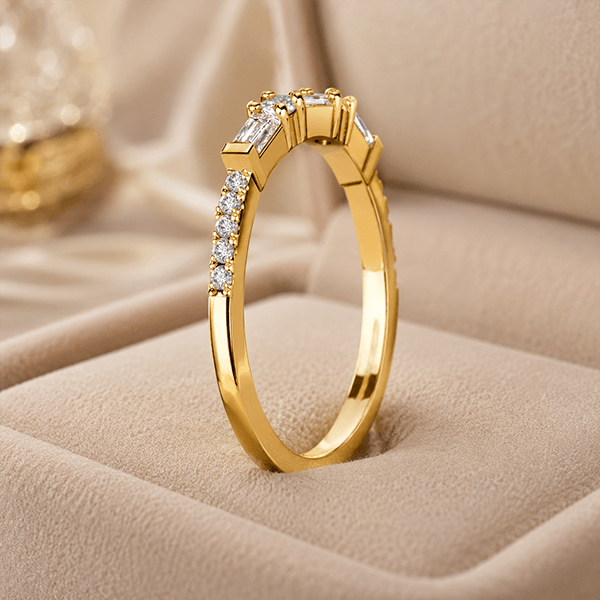 Classic Baguette & Round Cut White Sapphire Wedding Band Ring In Yellow Gold