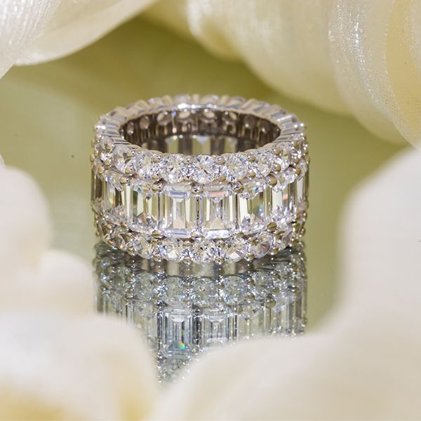 Classic Triple Row Baguette Cut White Sapphire Eternity Wedding Band For Women