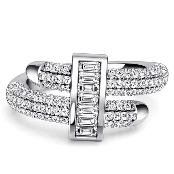 Unique Micro Pave Round & Baguette Cut Engagement Ring For Women Belovegrace
