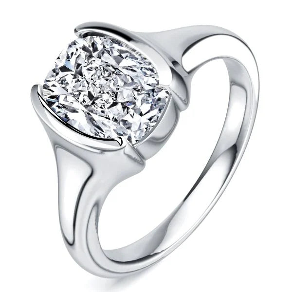 Classic Half-bezel White Sapphire Cushion Cut Engagement Ring For Women Belovegrace