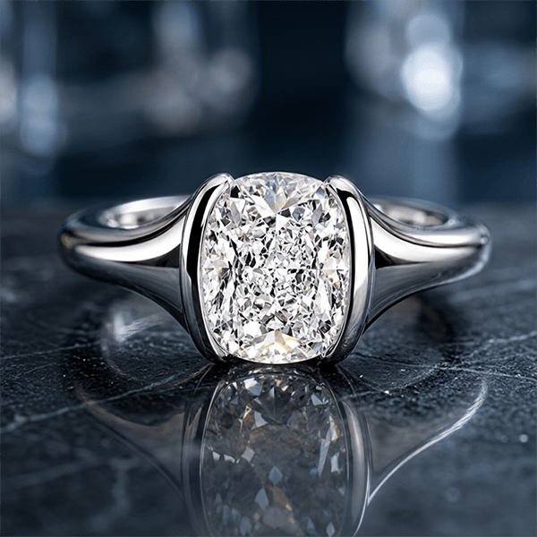 Classic Solitaire Half Bezel Cushion Cut White Sapphire Engagement Ring