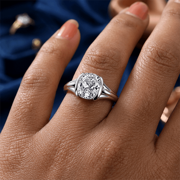 Classic Solitaire Half Bezel Cushion Cut White Sapphire Engagement Ring