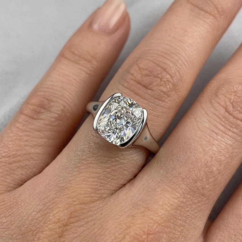 Modern Bezel Set Cushion Cut White Sapphire Engagement Ring