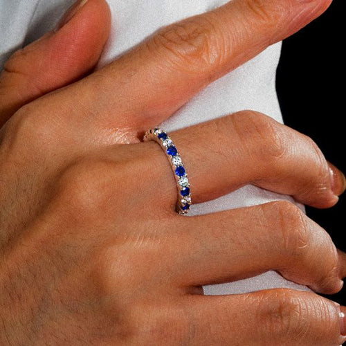 Classic Eternity Round Cut White & Blue Sapphire Wedding Band For Women Belovegrace