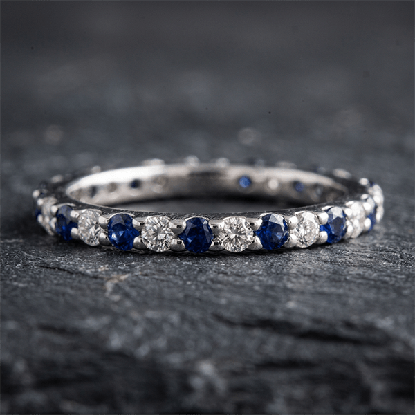 Alternating Blue & White Sapphire Round Cut Eternity Band Ring For Women