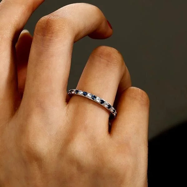 Classic Eternity Round Cut White & Blue Sapphire Wedding Band For Women Belovegrace