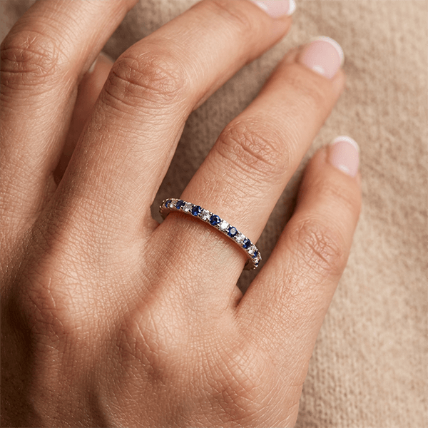 Alternating Blue & White Sapphire Round Cut Eternity Band Ring For Women
