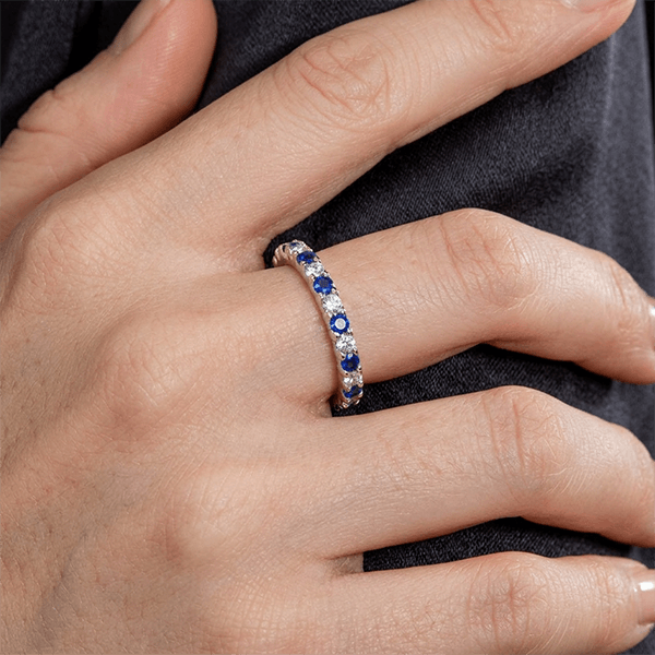 Alternating Blue & White Sapphire Round Cut Eternity Band Ring For Women