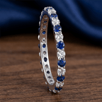 Alternating Blue & White Sapphire Round Cut Eternity Band Ring For Women