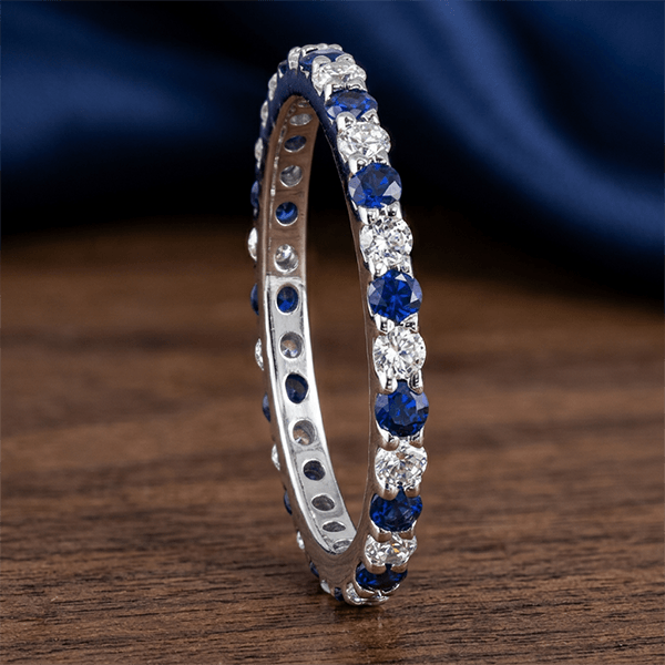 Alternating Blue & White Sapphire Round Cut Eternity Band Ring For Women