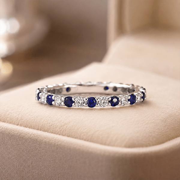 Alternating Blue & White Sapphire Round Cut Eternity Band Ring For Women