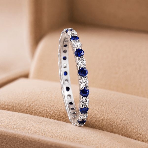 Alternating Blue & White Sapphire Round Cut Eternity Band Ring For Women