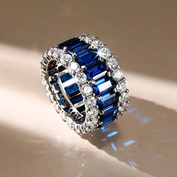 Multi Row Emerald & Round Blue Sapphire Eternity Wedding Band For Women Belovegrace