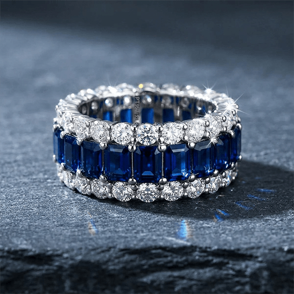 Multi Row Blue Sapphire Emerald Cut Eternity Wedding Ring For Women
