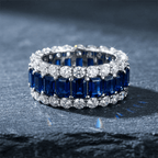 Multi Row Blue Sapphire Emerald Cut Eternity Wedding Ring For Women