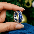 Multi Row Blue Sapphire Emerald Cut Eternity Wedding Ring For Women