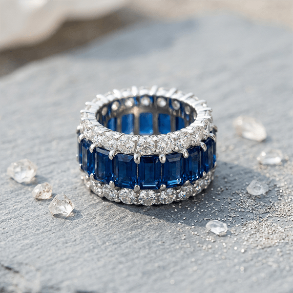 Multi Row Blue Sapphire Emerald Cut Eternity Wedding Ring For Women