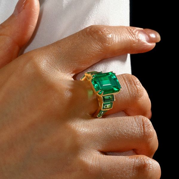 Golden Bezel Seven Stone Emerald Cut Emerald Sapphire Engagement Ring For Women Belovegrace