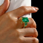 Golden Bezel Seven Stone Emerald Cut Emerald Sapphire Engagement Ring For Women Belovegrace
