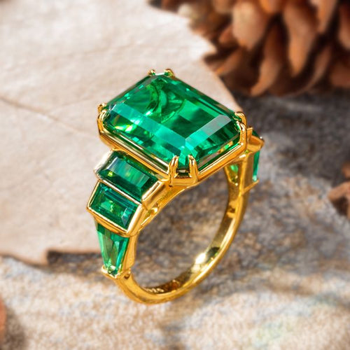 Golden Bezel Seven Stone Emerald Cut Emerald Sapphire Engagement Ring For Women Belovegrace