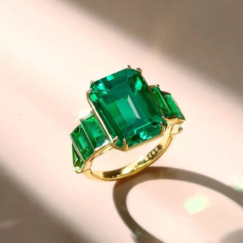 Golden Bezel Seven Stone Emerald Cut Emerald Sapphire Engagement Ring For Women Belovegrace