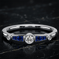Minimalist Round & Baguette Cut White & Blue Sapphire Stackable Engagement Ring