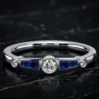 Minimalist Round & Baguette Cut White & Blue Sapphire Stackable Engagement Ring