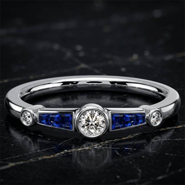 Minimalist Round & Baguette Cut White & Blue Sapphire Stackable Engagement Ring