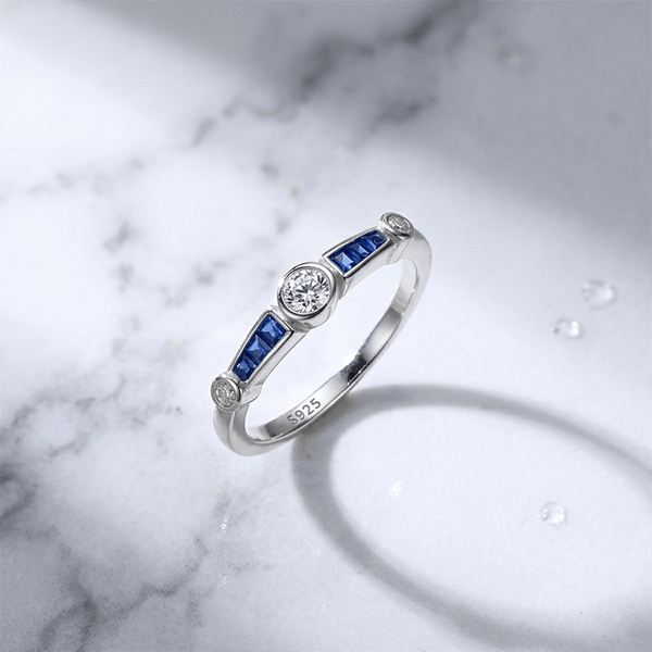 Minimalist Round & Baguette Cut White & Blue Sapphire Stackable Engagement Ring