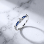 Minimalist Round & Baguette Cut White & Blue Sapphire Stackable Engagement Ring