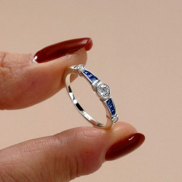 Vintage Bezel Setting Round Cut Blue Sapphire Wedding Ring For Women Belovegrace