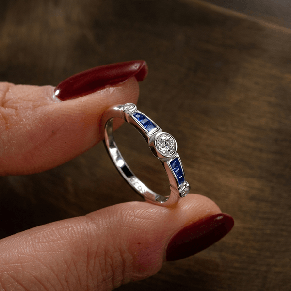 Minimalist Round & Baguette Cut White & Blue Sapphire Stackable Engagement Ring