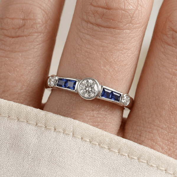 Minimalist Round & Baguette Cut White & Blue Sapphire Stackable Engagement Ring