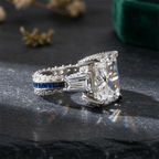 High-End Radiant Cut Blue Sapphire Halo Pavé Engagement Ring