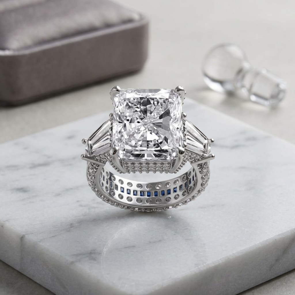 High-End Radiant Cut Blue Sapphire Halo Pavé Engagement Ring