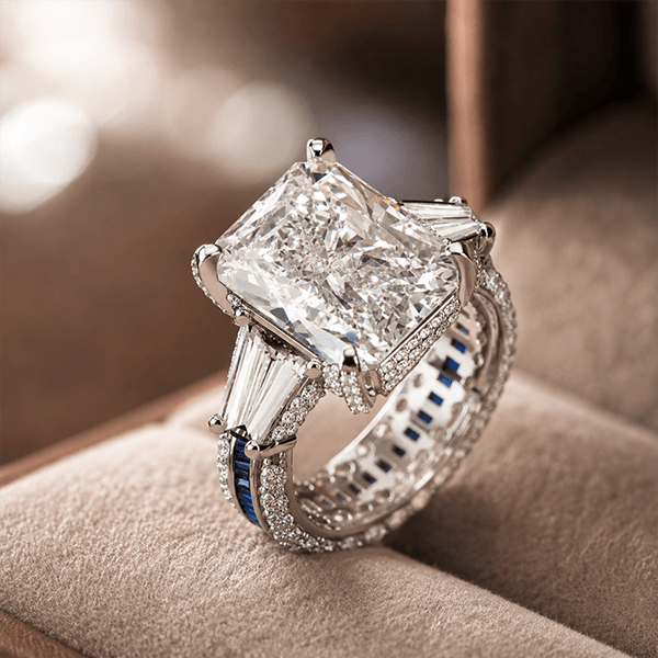 High-End Radiant Cut Blue Sapphire Halo Pavé Engagement Ring