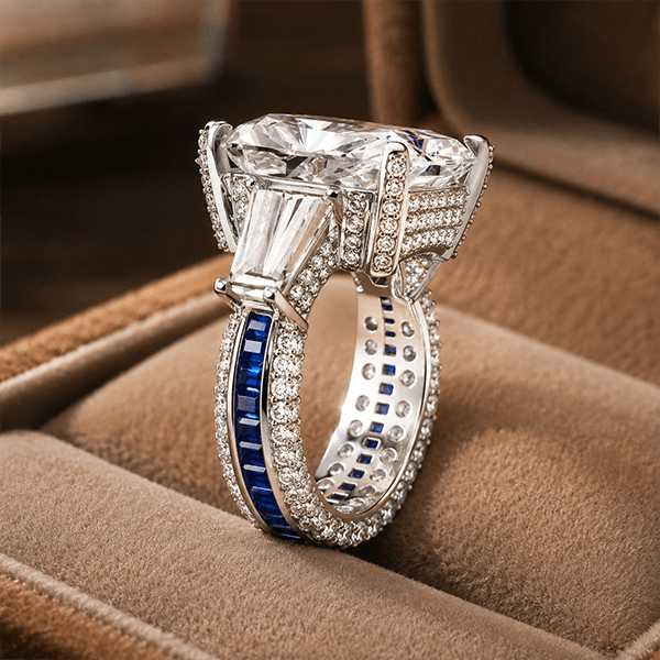 High-End Radiant Cut Blue Sapphire Halo Pavé Engagement Ring