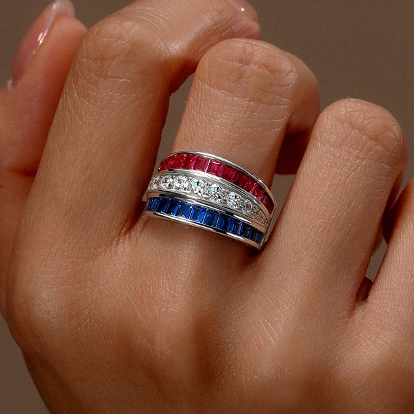 Triple Row Round & Baguette Cut White & Ruby & Blue Sapphire Wedding Band For Women Belovegrace