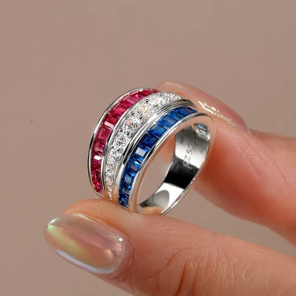 Triple Row Round & Baguette Cut White & Ruby & Blue Sapphire Wedding Band For Women Belovegrace