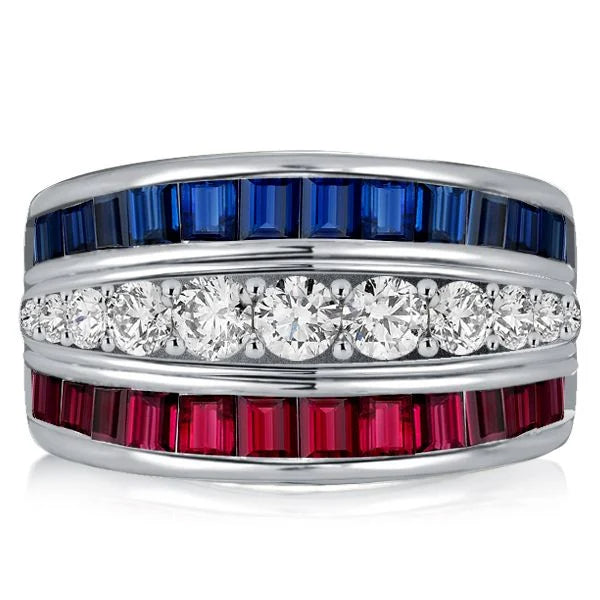 Triple Row Round & Baguette Cut White & Ruby & Blue Sapphire Wedding Band For Women Belovegrace