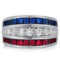 Triple Row Round & Baguette Cut White & Ruby & Blue Sapphire Wedding Band For Women Belovegrace