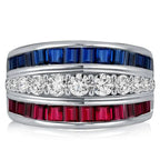 Triple Row Round & Baguette Cut White & Ruby & Blue Sapphire Wedding Band For Women Belovegrace