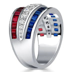 Triple Row Round & Baguette Cut White & Ruby & Blue Sapphire Wedding Band For Women Belovegrace