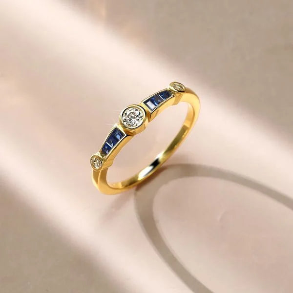 Vintage Golden Bezel Setting Round Cut Blue Sapphire Wedding Ring For Women Belovegrace