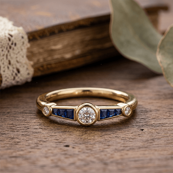 Minimalist Three-Stone Round Cut Blue Sapphire Stackable Ring In Yellow Gold