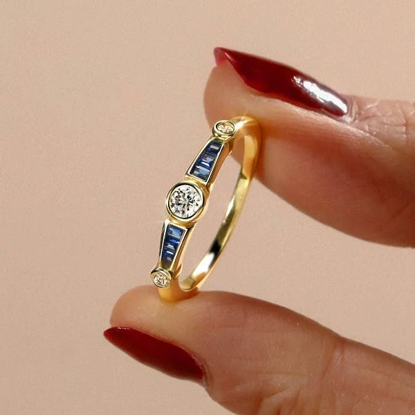 Vintage Golden Bezel Setting Round Cut Blue Sapphire Wedding Ring For Women Belovegrace